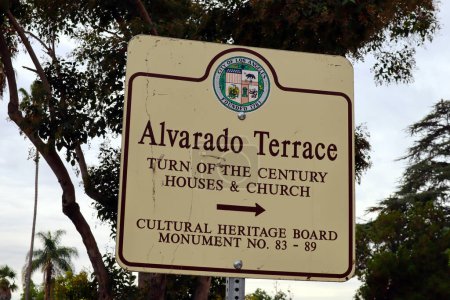 Photo for Los Angeles, California  November 20, 2023: Alvarado Terrace Historical District sign. Six homes and a church in the district designated as Los Angeles Historic Cultural Monuments - Royalty Free Image