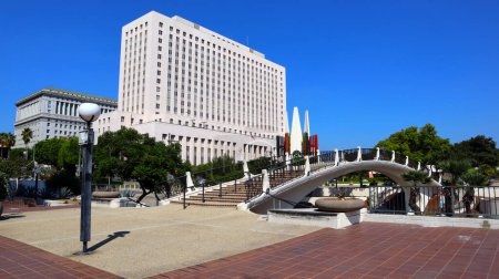 Photo for Los Angeles, California  October 10, 2023: view of The United States Court House, Temple Street Bridge and Public Art "Triforium" in Downtown Los Angeles - Royalty Free Image