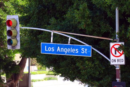 Photo for Los Angeles, California: Los Angeles Street sign, major thoroughfare in Downtown Los Angeles, California - Royalty Free Image