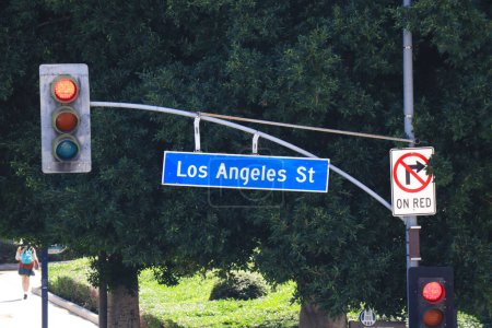 Photo for Los Angeles, California: Los Angeles Street sign, major thoroughfare in Downtown Los Angeles, California - Royalty Free Image