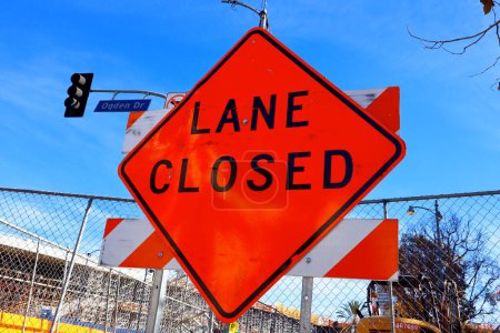 Photo for Los Angeles, California - 10 December 2023: Lane Closed sign for road works - Royalty Free Image