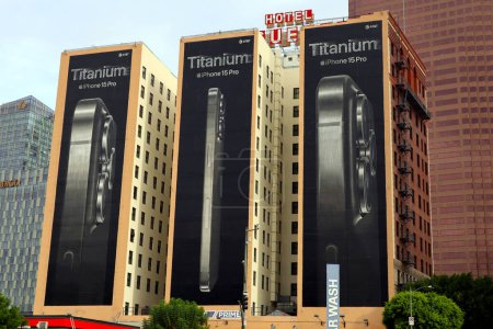 Photo for Los Angeles, California - November 15, 2023: Mural Billboard Campaign To Promote the new iPhone 15 Pro Titanium - Royalty Free Image