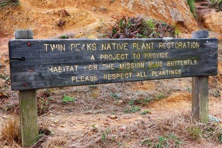 Foto de San Francisco, California - 25 de octubre de 2023: señal de la restauración de plantas nativas de Twin Peaks, un proyecto para proporcionar hábitat a la Mariposa Azul de la Misión - Imagen libre de derechos