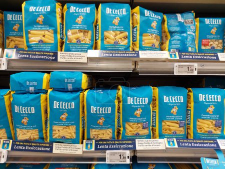 Photo for Rome, Italy - February 7, 2024: Pasta DE CECCO on a shelf in a supermarket. Traditional Italian Food manufactured in Fara San Martino, Italy - Royalty Free Image