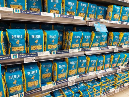Photo for Rome, Italy - February 7, 2024: Pasta DE CECCO on a shelf in a supermarket. Traditional Italian Food manufactured in Fara San Martino, Italy - Royalty Free Image