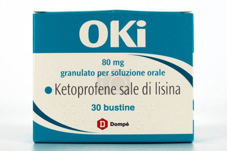 Photo for Rome, Italy - February 14, 2024: OKI medicine with a solution of the ketoprofen lysine salt. Oki is a brand of Domp Farmaceutici S.p.A., Italy - Royalty Free Image