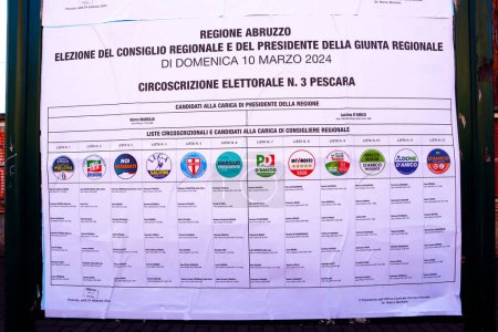 Téléchargez les photos : Abruzzes, Italie - 3 mars 2024 : Affiches murales électorales pour les élections régionales d'ABRUZZO du 10 mars 2024. Candidats et symboles des partis politiques - en image libre de droit