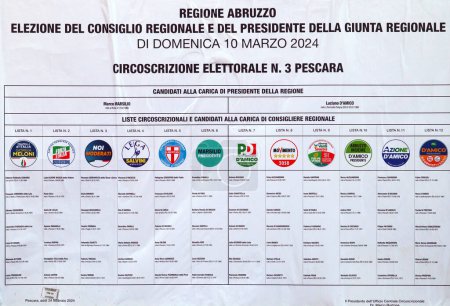 Foto de Abruzos, Italia - 3 de marzo de 2024: Carteles del Muro Electoral para las ELECCIONES Regionales ABRUZZO del 10 de marzo de 2024. Candidatos y símbolos de los partidos políticos - Imagen libre de derechos