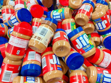 Photo for Los Angeles, California - May 9, 2024: JIF Peanut Butter Spread jars. JIF is a brand of The J.M. Smucker Company - Royalty Free Image