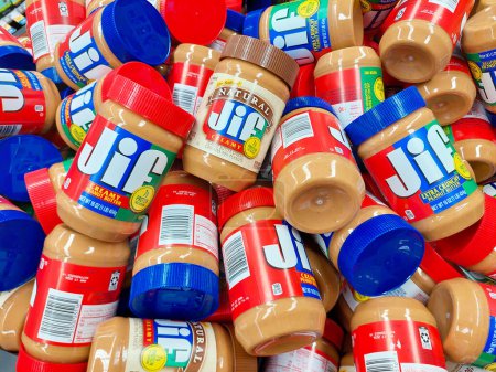 Photo for Los Angeles, California - May 9, 2024: JIF Peanut Butter Spread jars. JIF is a brand of The J.M. Smucker Company - Royalty Free Image