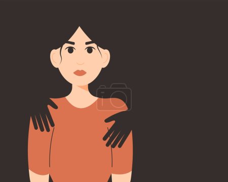Strong woman with hands silhouette on her body. Concept of violence against woman, domestic abuse, mental health problems. Flat cartoon vector illustration with empty space for the text