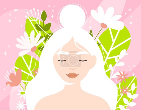 Illustration for Young beautiful girl on a floral background. Calm smiling woman with flowers cartoon flat vector illustration. Confidence, self-acceptance, self-care, mindfulness and mental health concept - Royalty Free Image