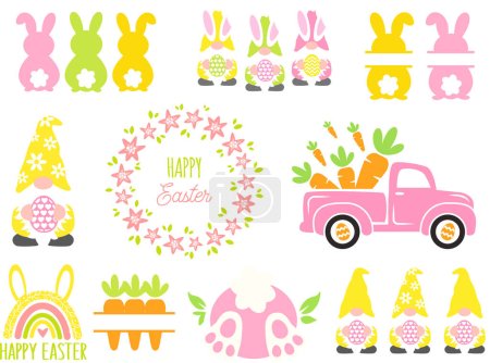Bonito paquete de Pascua Svg. Ilustración vectorial de gnomos de Pascua aislada sobre fondo blanco. Clipart de Pascua: camión de zanahoria, división de conejo, signo floral, arco iris, cola de conejo. Primavera niños camisa diseño