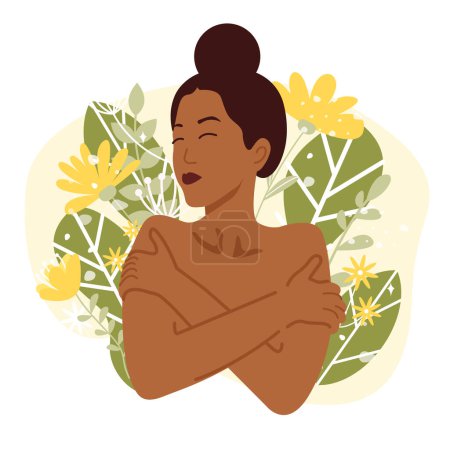 Joven mujer afroamericana hermosa abrazándose. Dibujos animados ilustración vectorial plana sobre fondo floral. Salud mental, ámate a ti mismo, auto-aceptación y ama tu concepto corporal