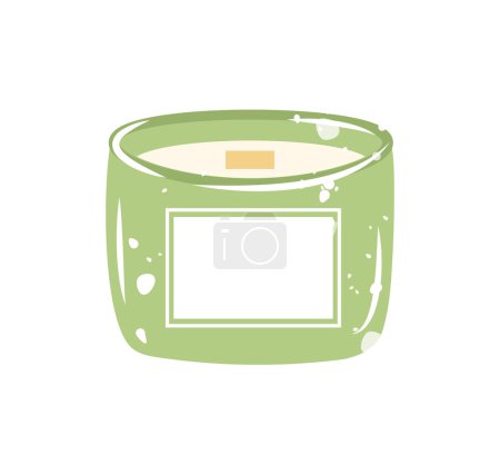 Ilustración de Linda vela perfumada en una ilustración vectorial frasco verde aislado sobre fondo blanco. Estilo plano de dibujos animados. Espacio vacío para texto - Imagen libre de derechos