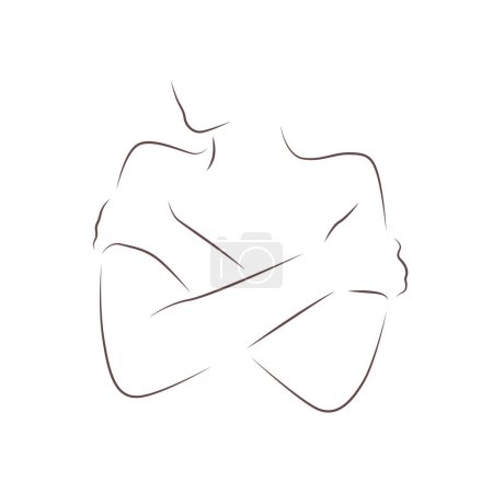 Illustration for Naked woman hugging herself silhouette. Female figure line art. Vector illustration isolated on white background. Perfect for minimalistic logo, t-shirt design, aesthetic home decoration and so on - Royalty Free Image