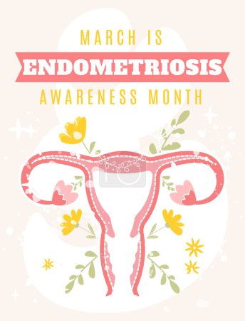 Marzo es mes de conciencia de la endometriosis. Útero sobre fondo floral. Ilustración vectorial en estilo plano de dibujos animados. Perfecto para pancarta vertical, póster, tarjeta, volante, etc.