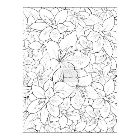 Illustration for Coloring book page, leaves, and leaves. beautiful flowers. vector illustration. black and white drawing of azalea flower background pattern isolated on whit background clip art - Royalty Free Image