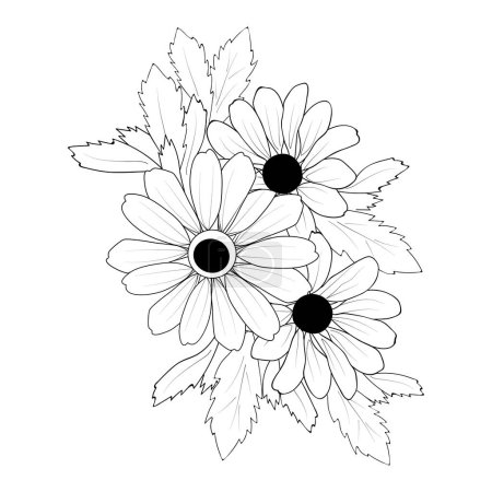 Handgezeichnete Sonnenblumensammlung von schwarzäugigen Sonnenschein botanischen Blattknospen Illustration Farbseite. Vektorillustration. schöne dekorative Muster aus Blüten, Blättern und Chrysanthemen.