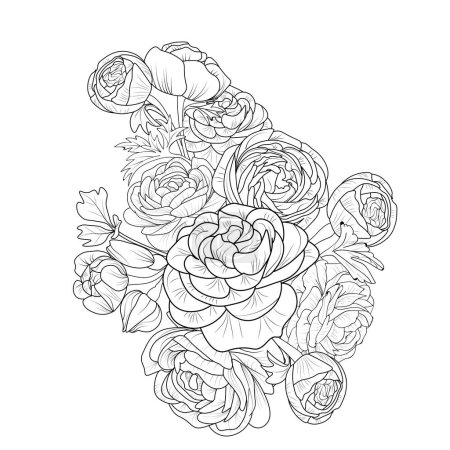 Foto de Carnation flower bouquet, vector illustration of a beautiful botanical background branch of leaf hand drawn illustration coloring page - Imagen libre de derechos
