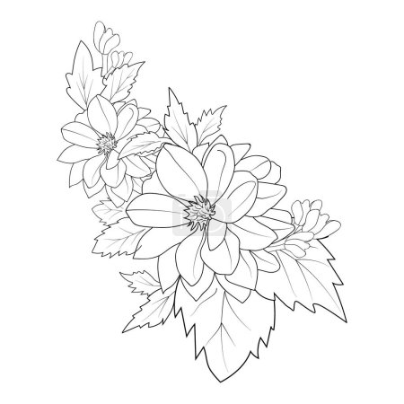 Téléchargez les illustrations : Dahlia flower coloring pages beautiful flowers and leaves, vector illustration - en licence libre de droit