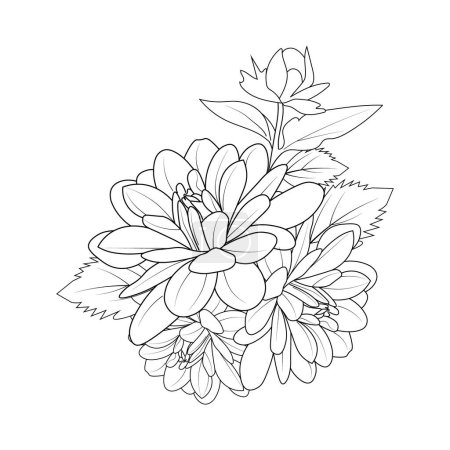Téléchargez les illustrations : Dahlia flower bouquet with hand-drawn monochrome flowers and leaves isolated on white background. black and red design. vector illustration - en licence libre de droit