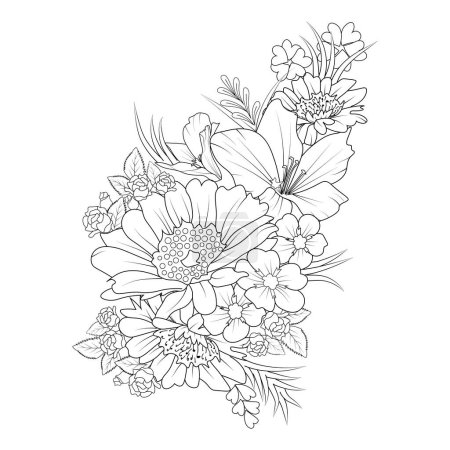 Ilustración de Doodle flowers vector illustration of a beautiful floral background. hand-drawn flowers, leaves, chamomile, peonies - Imagen libre de derechos
