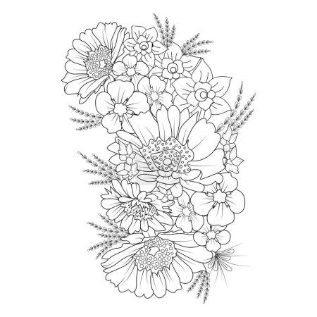 Ilustración de Doodle flowers vector illustration of a beautiful floral background. hand-drawn flowers, leaves, chamomile, peonies - Imagen libre de derechos
