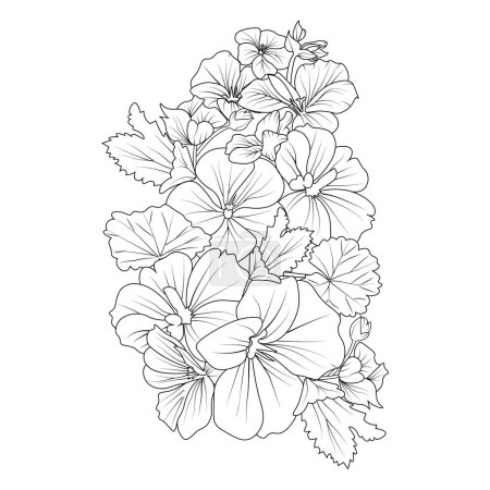 Illustration for Bouquet of geranium flower hand drawn pencil sketch coloring page and book for adults isolated on white background floral element tattooing, illustration ink art.vector illustration of beautiful flowers. floral elements for design - Royalty Free Image
