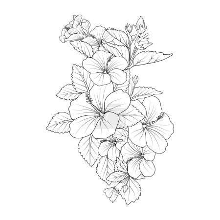 Illustration of a hibiscus flower, vector sketch pencil art, bouquet floral coloring page, and book isolated on white background clipart.vector illustration, hand-drawn flowers for your design