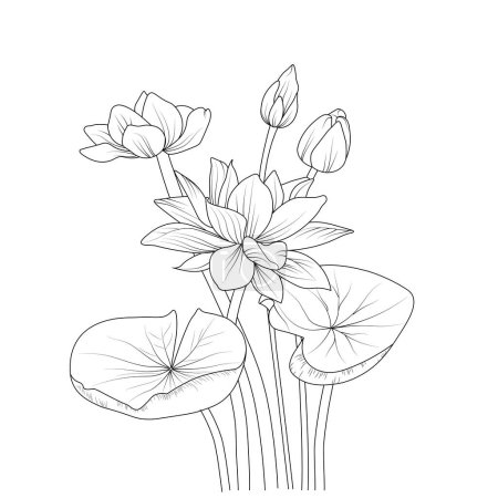 Foto de Dibujo en blanco y negro de flores loto egipcio, aislado sobre un fondo claro para colorear páginas con nenúfar, dibujo fácil. - Imagen libre de derechos
