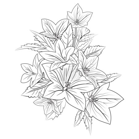 Illustration for Easy yellow bellflower drawing, topically bellflower drawing, vector illustration of a beautiful floral background, flower coloring page for adults, Realistic flower coloring pages, vector illustration engraved ink art. - Royalty Free Image