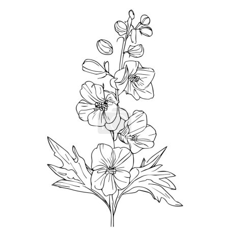 Illustration for Beautiful hand-drawn black and white flower with leaves. isolated on white background. - Royalty Free Image
