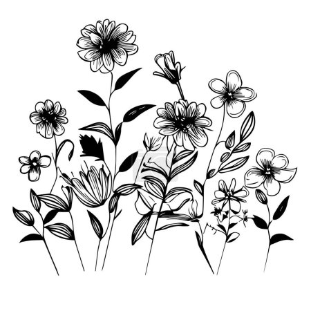 Siluetas negras de hierba, flores y hierbas. Lindo vector de flores ilustración en estilo dibujado a mano. Silueta sobre fondo blanco, dibujo del planeta de la flor, estéticas páginas para colorear flores dibujadas a mano conjunto aislado sobre fondo blanco.