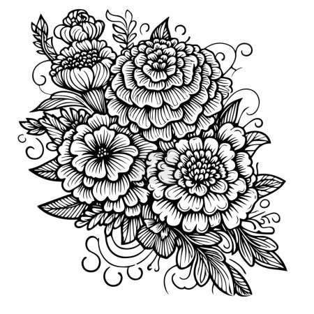 Illustration for Marigold flower free printable coloring sheet, marigold flower drawing easy for kids, marigold flower bouquet drawings, free marigold printable coloring pages, marigold drawing color vector beautiful floral pattern - Royalty Free Image