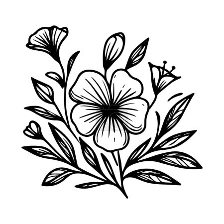 Illustration for Hand-drawn periwinkle flower, periwinkle line art, vinca flower home wall decor art poster printing, Sada bahar tattoo black and white flower with leaves icon, vector design, blossom vinca flower line art vector illustration floral garden - Royalty Free Image