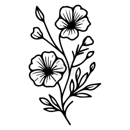 Illustration for Periwinkle line drawings, hand-painted periwinkle  wall art, periwinkle botanical wall art, simple noyon tara drawing, periwinkle stock outline drawing flower of a plant on a black background, Madagascar periwinkle line art - Royalty Free Image