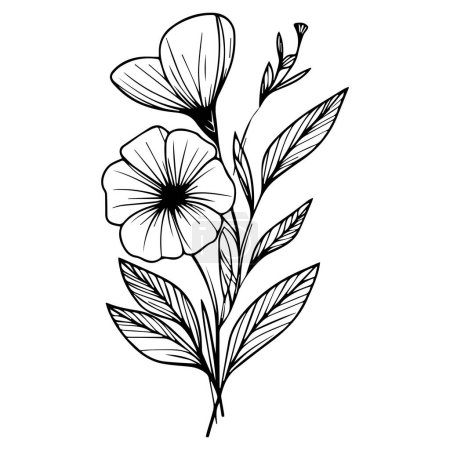 Illustration for Vector drawing flower with black and white ink hand-drawn illustration, Birth flower Periwinkle doodle bouquet of flower design for card or print. hand-painted Periwinkle flower illustrations isolated on white backgrounds, engraved ink art floral - Royalty Free Image
