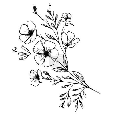 Illustration for Vector drawing flower with black and white ink hand-drawn illustration, Embellishment, monochrome, vector art, Outline print with blossoms Catharanthus, leaves, and buds vinca flowers tattoos, isolated on a white background - Royalty Free Image