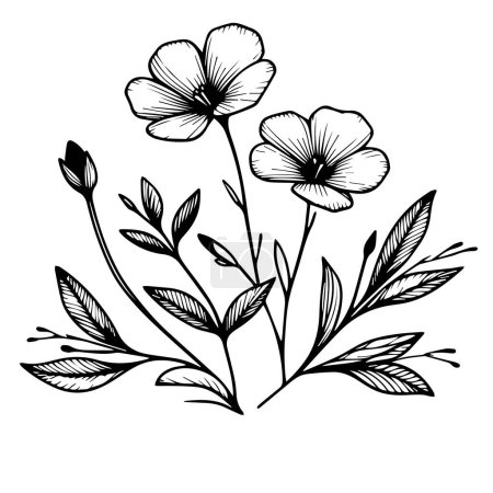 Illustration for Vector drawing flower with black and white ink hand-drawn illustration, Periwinkle flowers coloring page, simplicity, Embellishment, monochrome, vector art, Outline print with blossoms Catharanthus, leaves, and buds vinca flowers tattoos - Royalty Free Image