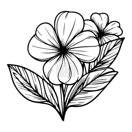 Illustration for Vector drawing flower with black and white ink hand-drawn illustration, outline periwinkle drawing, periwinkle flower line drawing, clip art periwinkle flower outline, noyontara coloring pages for kids, step by step periwinkle flower drawing - Royalty Free Image
