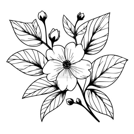 Téléchargez les illustrations : Dessin simple de fleur de jasmin d'art en ligne, dessin réaliste au crayon de fleur de jasmin, tatouage arabe de fleur de jasmin, contour minimaliste tatouage de fleur de jasmin belles fleurs en forme de branche - en licence libre de droit