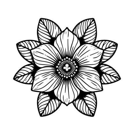 Téléchargez les illustrations : Dessin de fleur de jasmin simple, dessin réaliste au crayon de fleur de jasmin, tatouage de fleur de jasmin arabe, tatouage minimaliste de fleur de jasmin, dessin de fleur de jasmin noir et blanc, belle illustration vectorielle d'icône décorative de fleur - en licence libre de droit