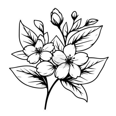 Téléchargez les illustrations : Tatouage de fleur de jasmin simple, tatouage de fleur de jasmin minimaliste, dessin de fleur de jasmin blanc, dessin de fleur de jasmin réaliste, dessin de fleur de jasmin d'art, dessin de fleur de jasmin simple d'art de ligne une fleur avec des feuilles, vecteur de ligne noir et blanc - en licence libre de droit
