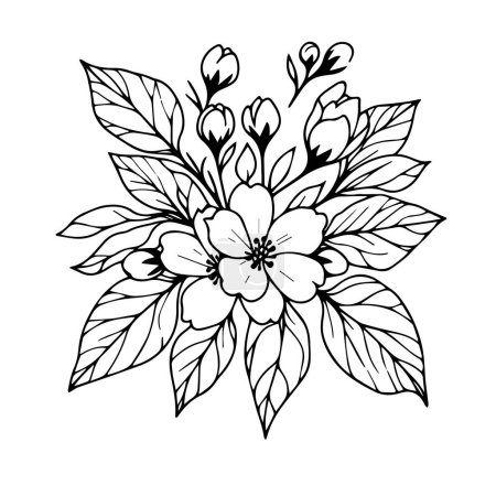 Téléchargez les illustrations : Croquis dessin fleur de jasmin, dessin fleur de jasmin tatouage, contour tatouage fleur de jasmin, tatouage fleur de jasmin simple, tatouage fleur de jasmin minimaliste, dessin fleur de jasmin blanc, fleur avec feuilles, illustration vectorielle ligne noire et blanche, - en licence libre de droit
