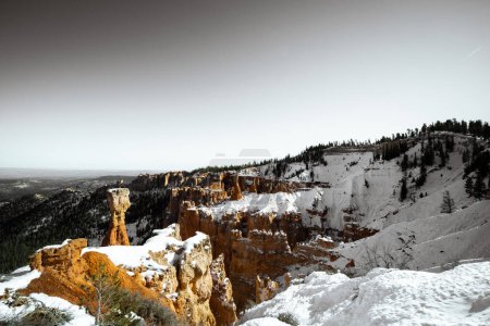 Téléchargez les photos : Desaturé monochrome style photo d'art du parc national de Bryce Canyon pendant la journée en hiver avec de la neige sur le sol - en image libre de droit