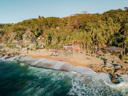 Playa Escondido in Sayulita Mexico where the bachelor was filmed. Aerial view at sunset. Low angle.
