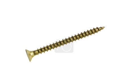 A close-up view of a gold-colored wood screw showcasing its sharp tip, threaded body, and flat countersunk head. The screw is positioned diagonally, making it easy to see its details against a clean, white background.