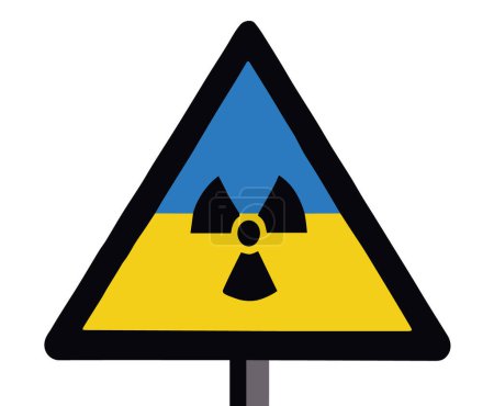 Template or sign of the infected zone in the coloring of the flag of Ukraine. Flat vector illustration of a sign warning of ionizing radiation of radioactive waste