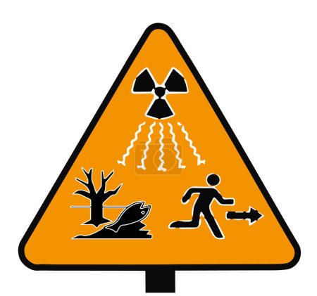 Dirty bomb contaminated zone template or orange sign. Flat vector illustration of a sign warning of ionizing radiation of radioactive waste